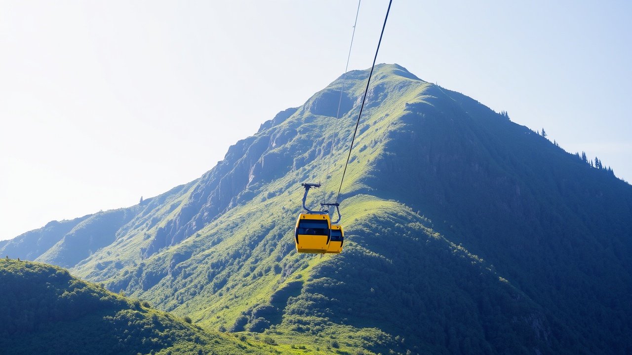 A bright yellow cable car ascends a green mountain.