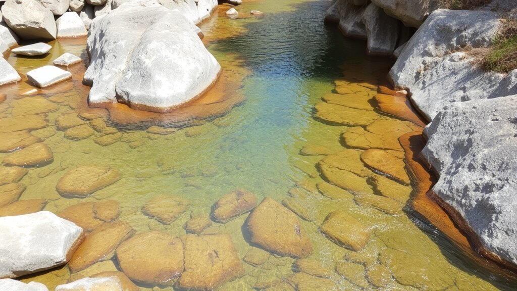 A clear river flows gently between rocky banks
