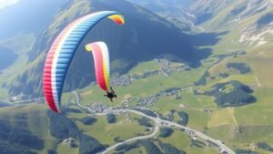 A colorful paraglider soars above the green valleys of Grindelwald.