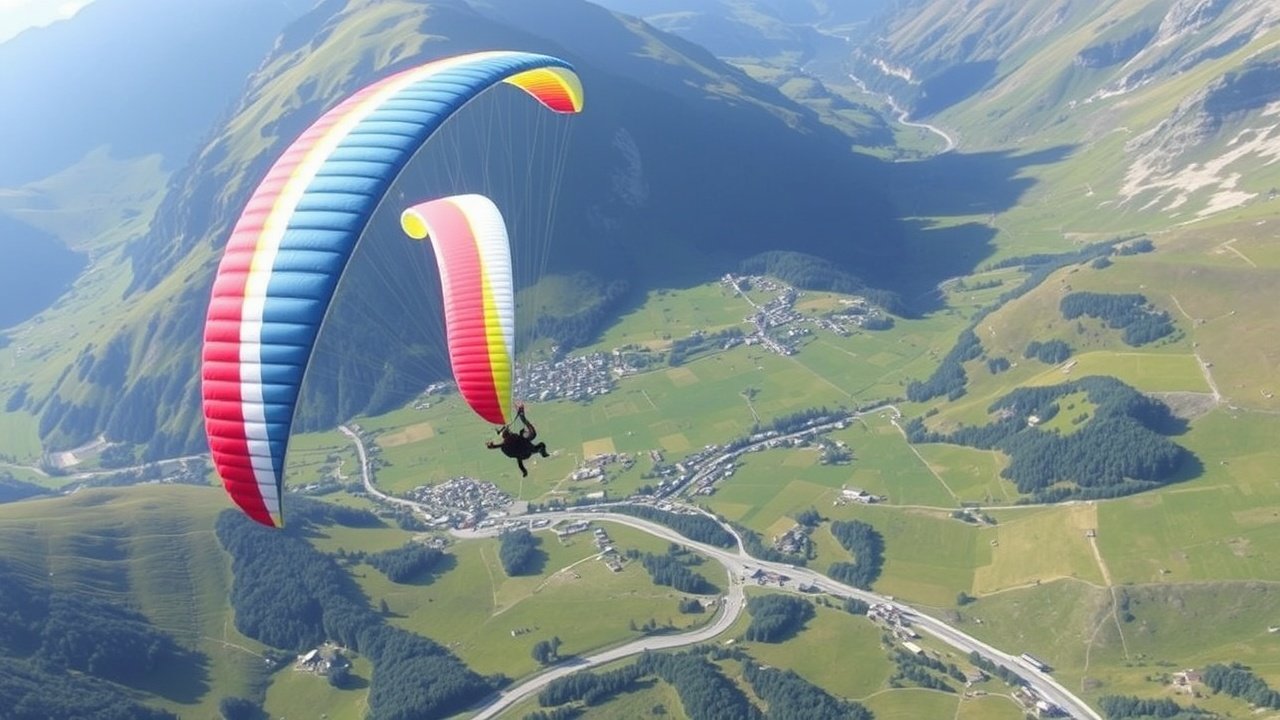 A colorful paraglider soars above the green valleys of Grindelwald.