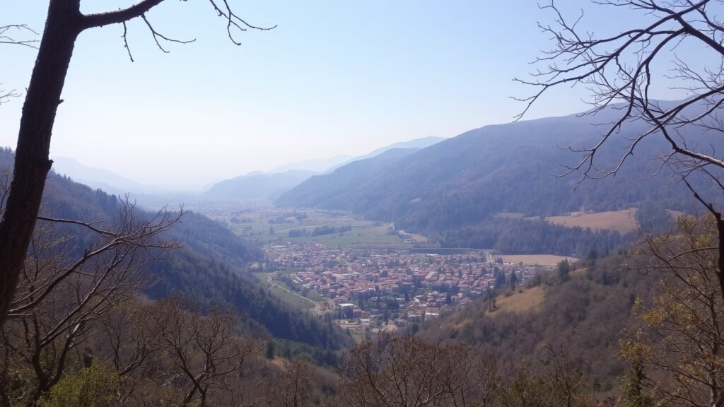 A distant view of a picturesque village nestled in the valley