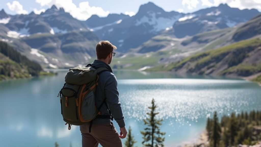 A hiker pauses to admire a sparkling alpine lake surrounded by mountains