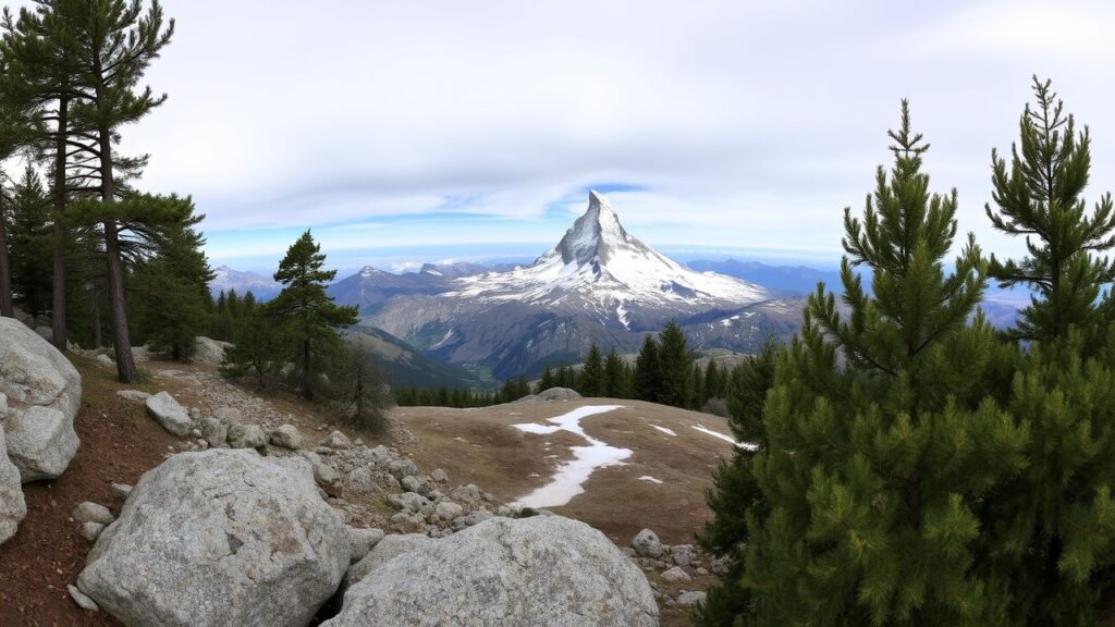 A panoramic view shows the iconic Matterhorn peak in the distance
