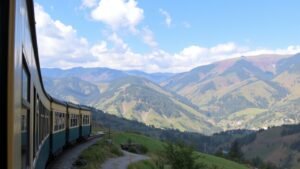 A scenic train traveling through picturesque valleys and hills.
