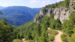 A winding trail leads through lush forests and rocky cliffs.