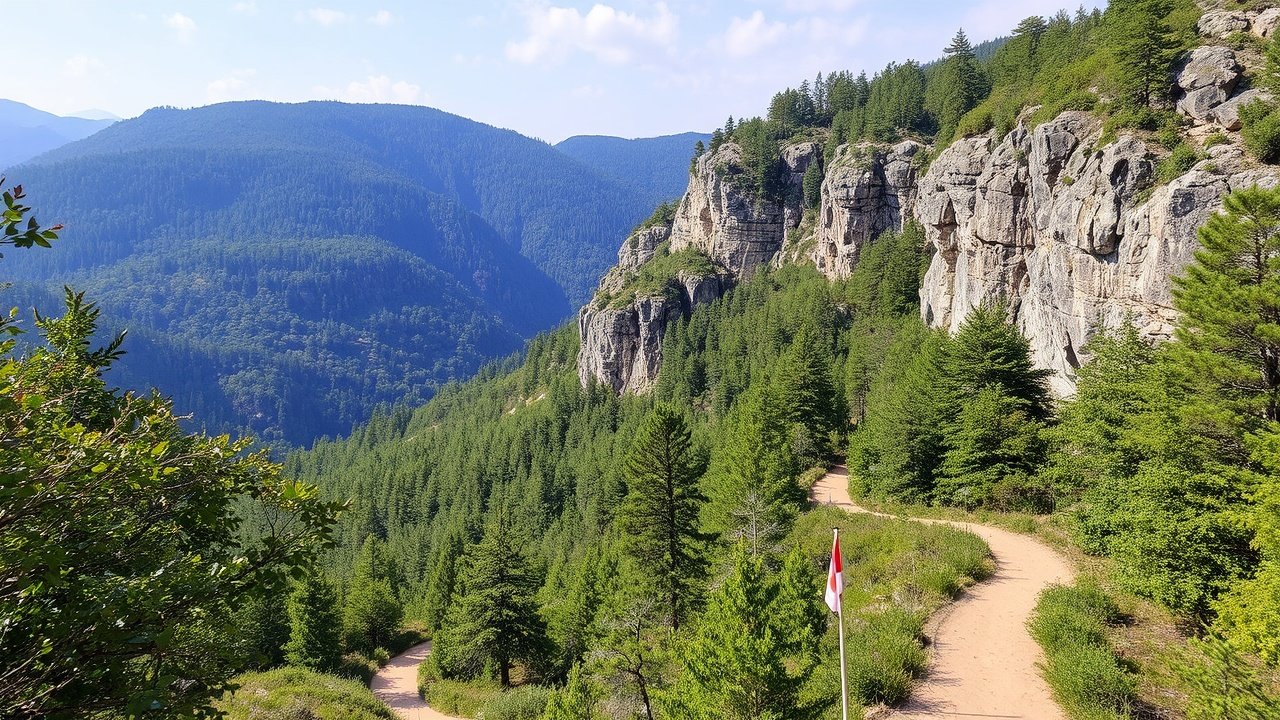 A winding trail leads through lush forests and rocky cliffs.