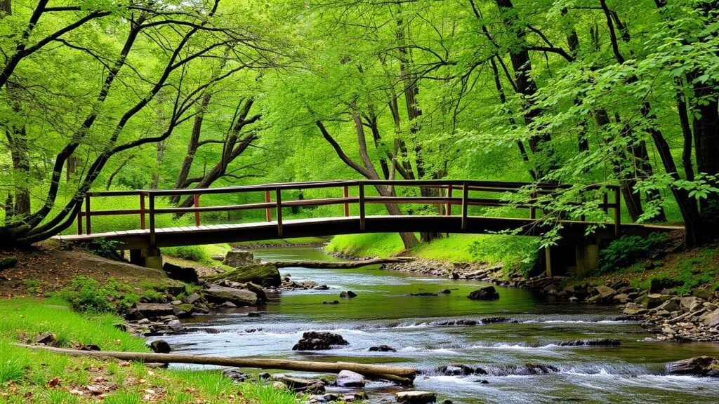 A wooden bridge crosses a gentle stream, with lush trees lining the banks
