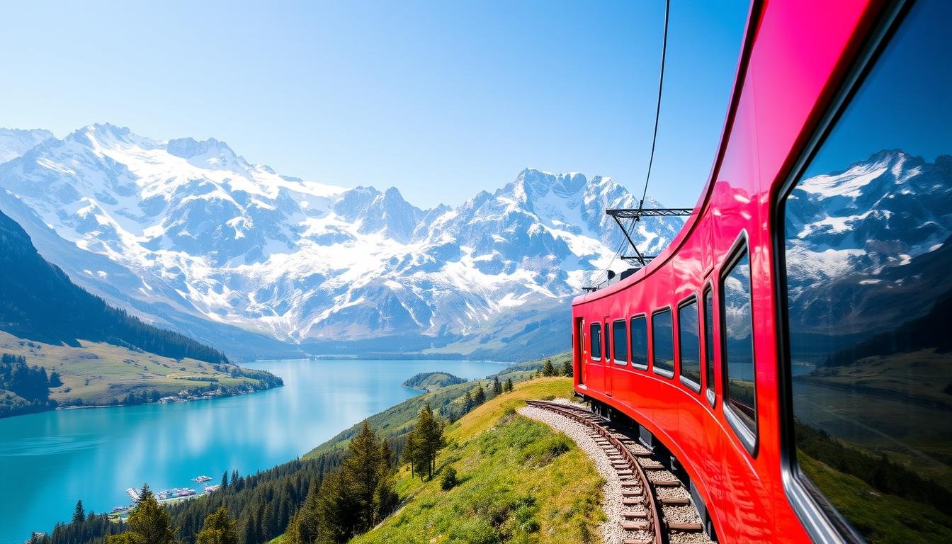 Panoramic train traveling through the Swiss Alps with snow-capped mountains and a lake in the background
