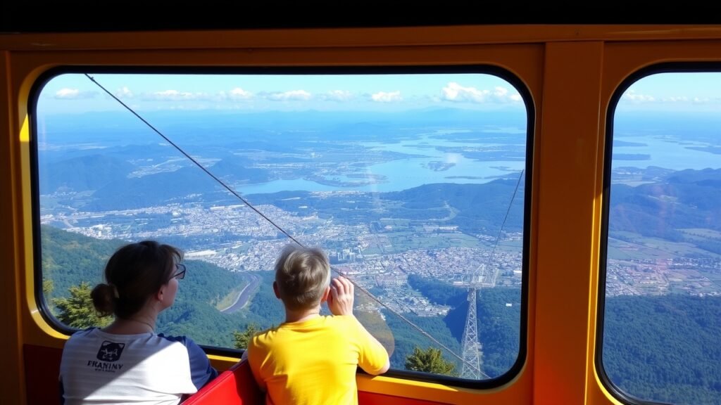 Passengers enjoy the panoramic views from the cable car windows