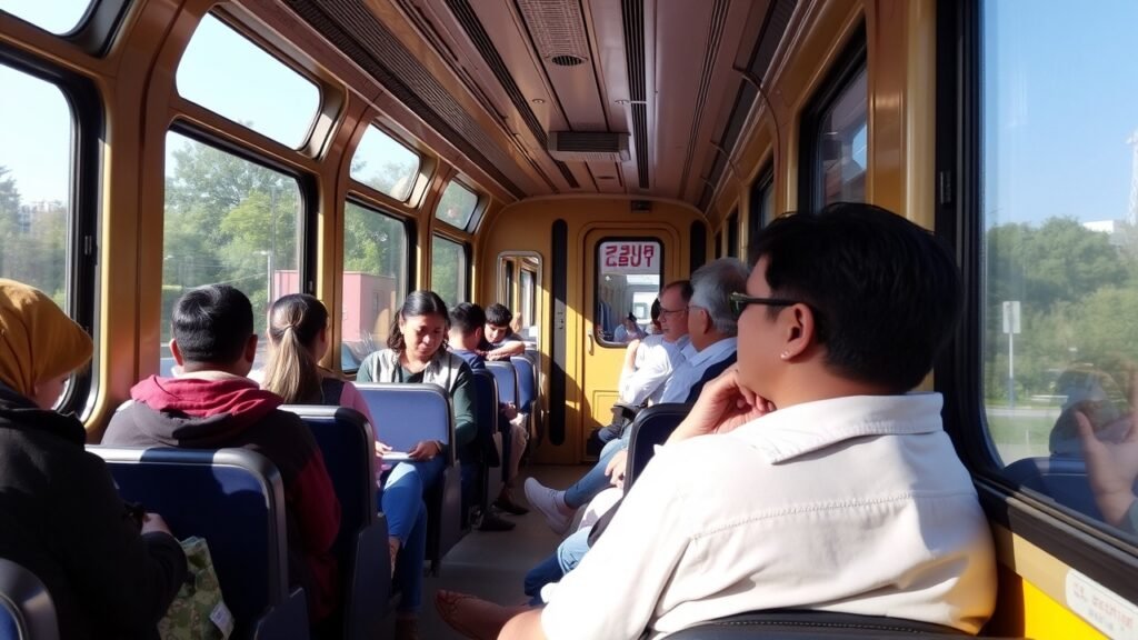 Passengers sit inside the train, looking out large windows