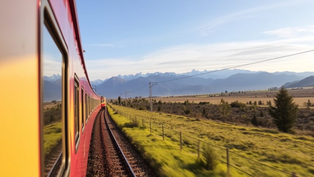 Scenic mountains are visible in the distance as the train travels.