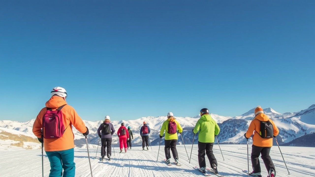 Skiers in bright jackets glide down the slopes under a clear blue sky