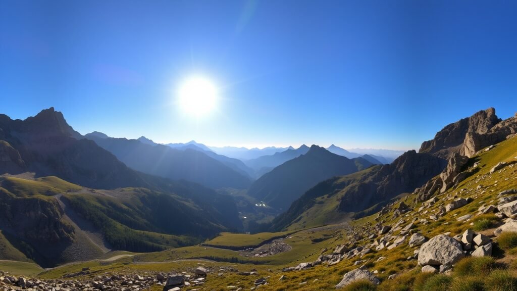 The sun casts a warm glow on the stunning alpine landscape