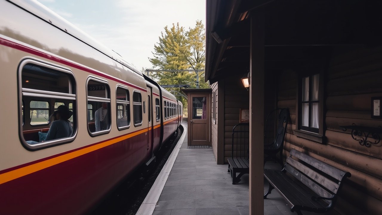 The train stops at a small, charming station with wooden benches.